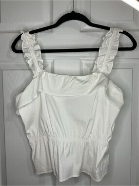 7 for All Mankind White Ruffle Peplum Top
